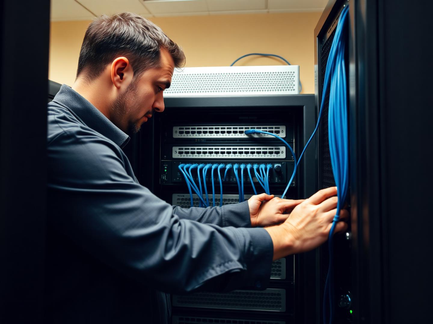 A technician installing network equipment in an office