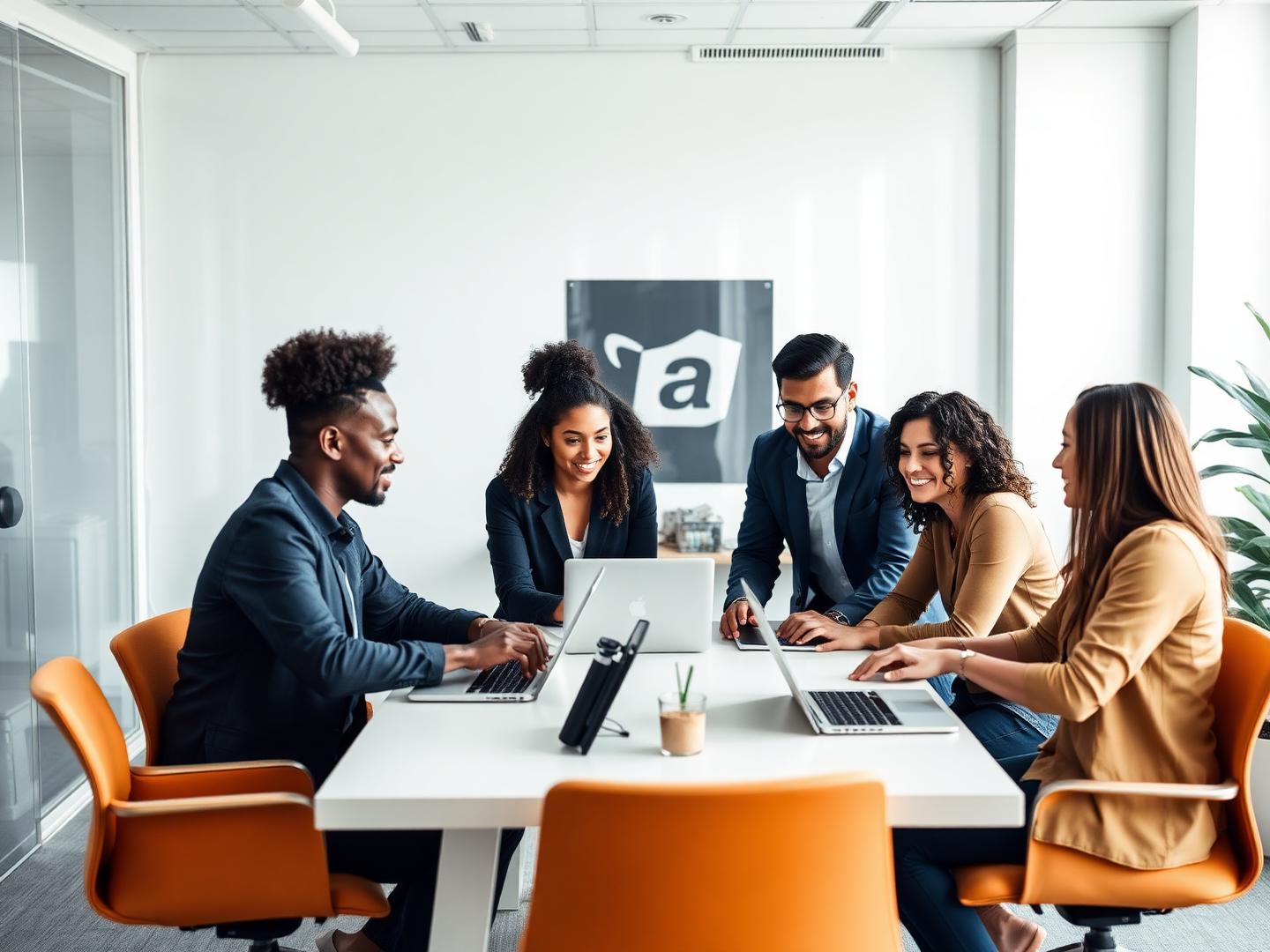 A small team working together with laptops in a bright office